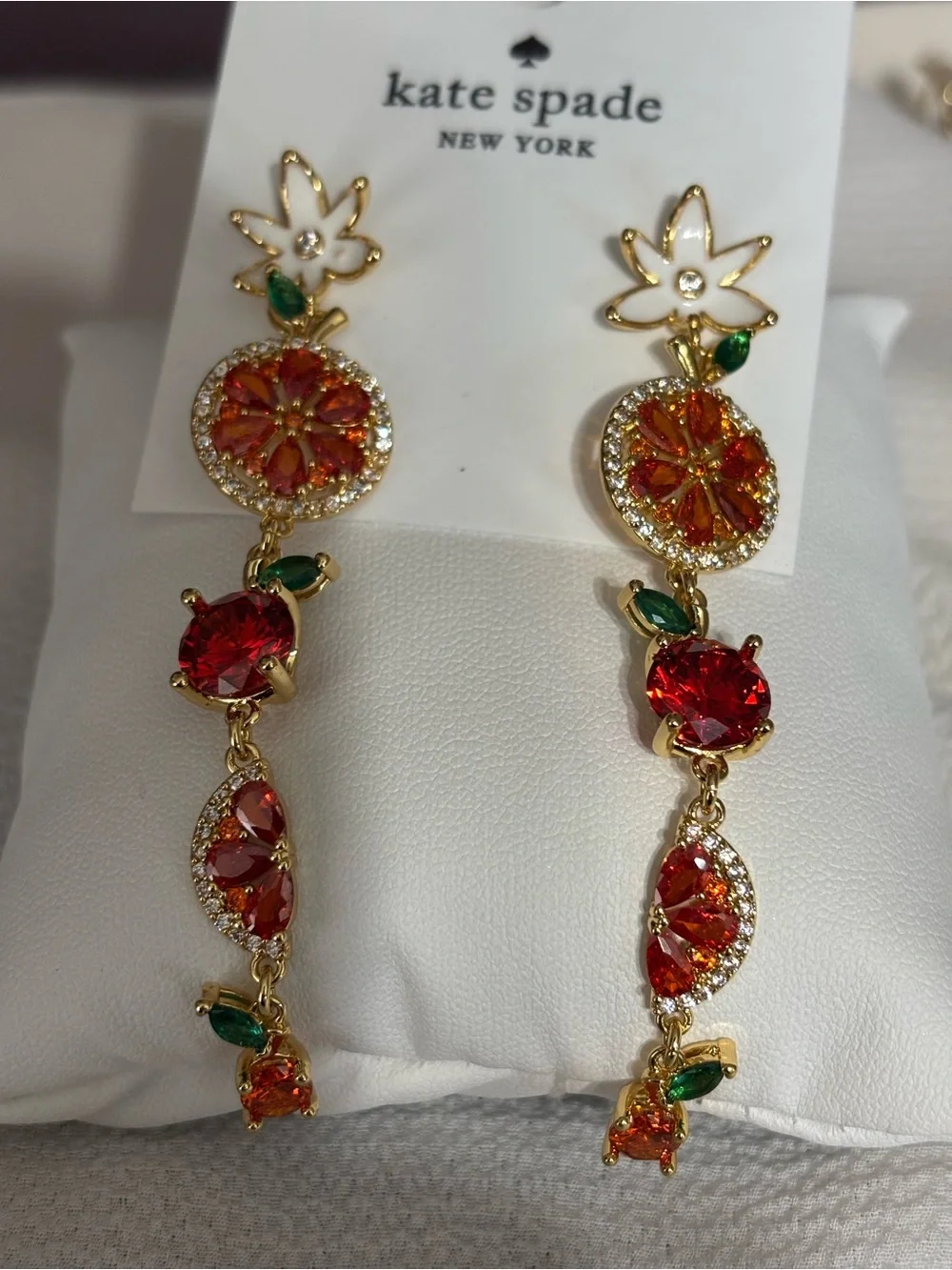 kate spade gold-tone orange & red floral drop earrings with green accents